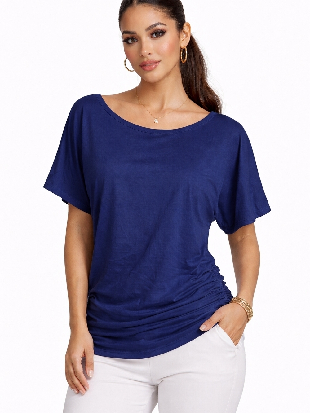 MISIFI Navy Blue Short Sleeve Tunic Top Size L Stretchy Casual Blouse.